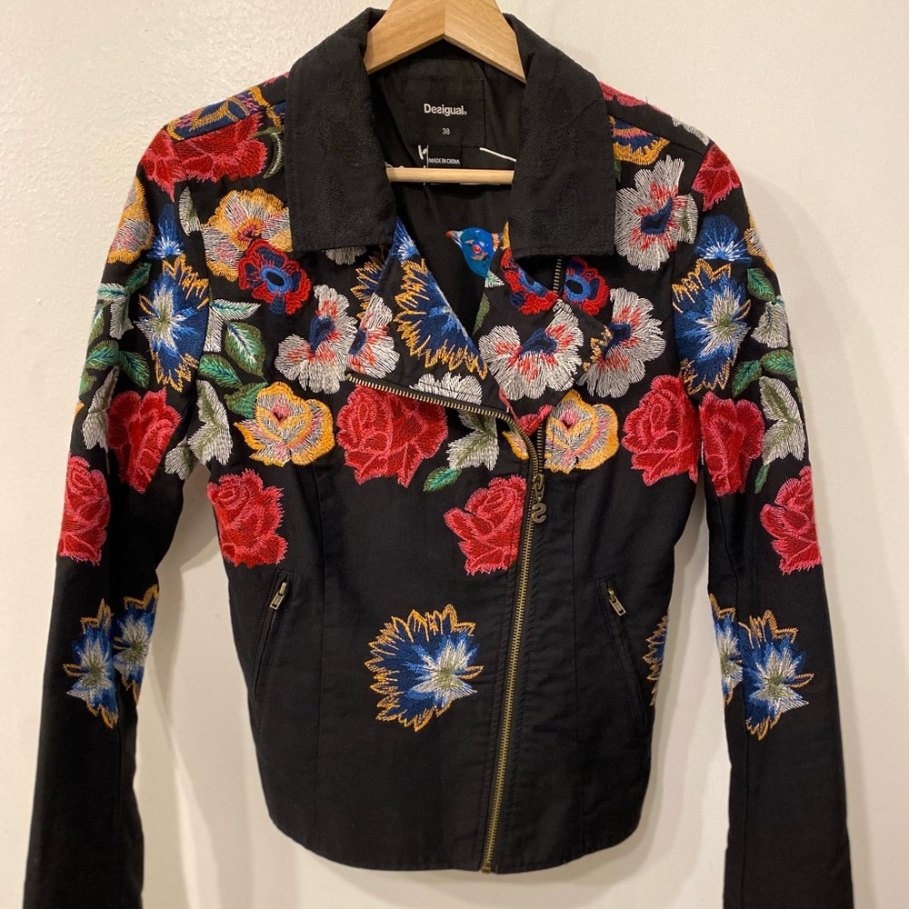Desigual Colourful Floral Black Cotton Moto Jacket 38